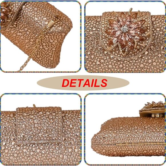 Rose Gold Rhinestone Floral Clutch Handbag with Chains - Perfect for Parties - Picture 3 of 6